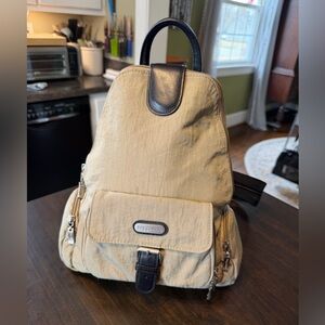 ✨ Baggallini Backpack Sling Bag – Beige w/ Black Leather Trim